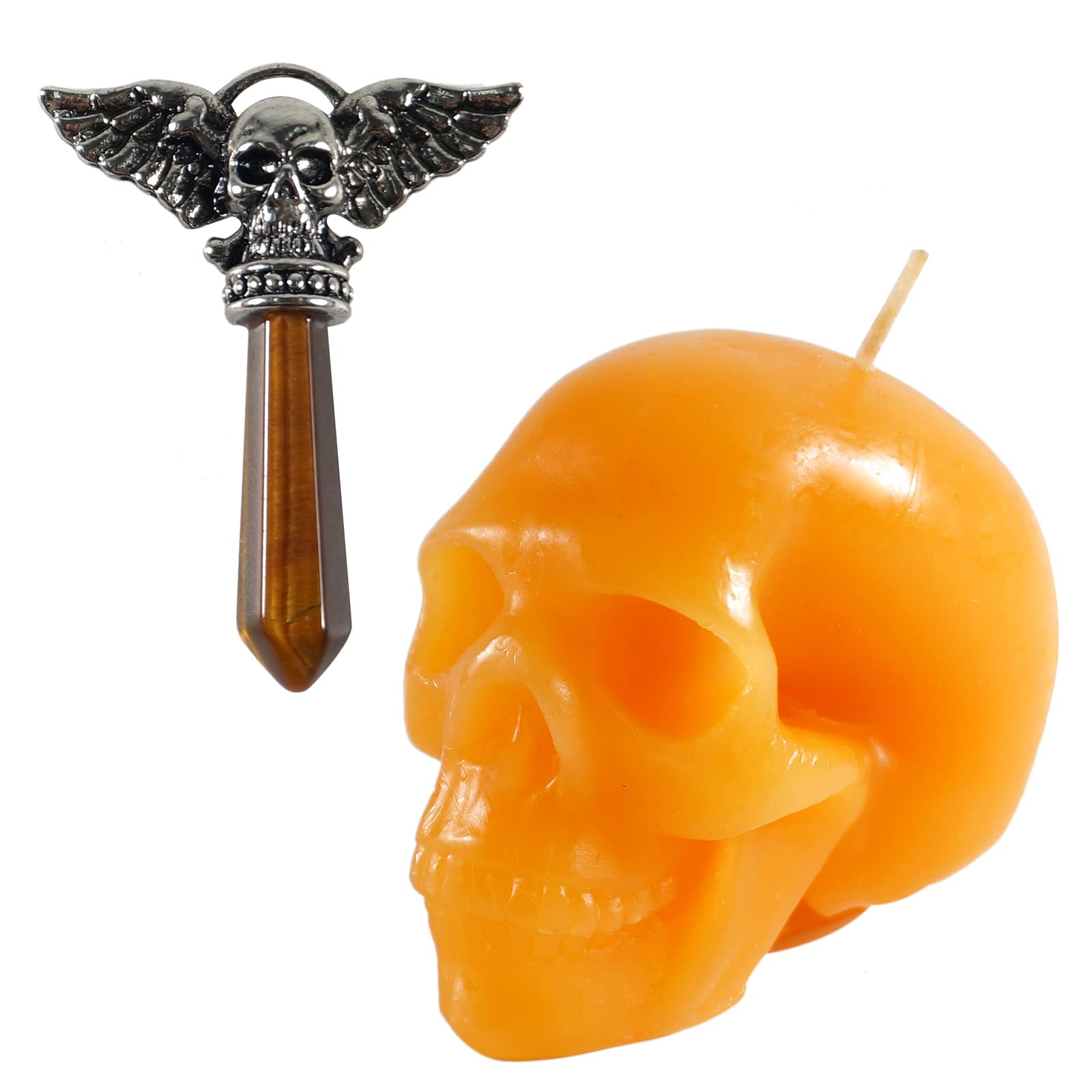 Soulnioi Imitation Orange Skull Candle for Halloween Ritual Candle Sea, and 1pc Tiger's Eye Crystal Skull Necklace Pendant