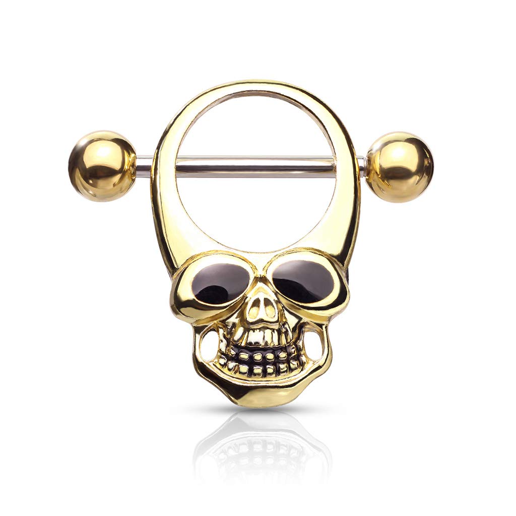 PiercedOff Gold Tone IP over 316L Surgical Steel Nipple Shield with Black Eyed Skull - Thickness 14GA (1.6mm) / Length 16mm / Ball Size 5mm