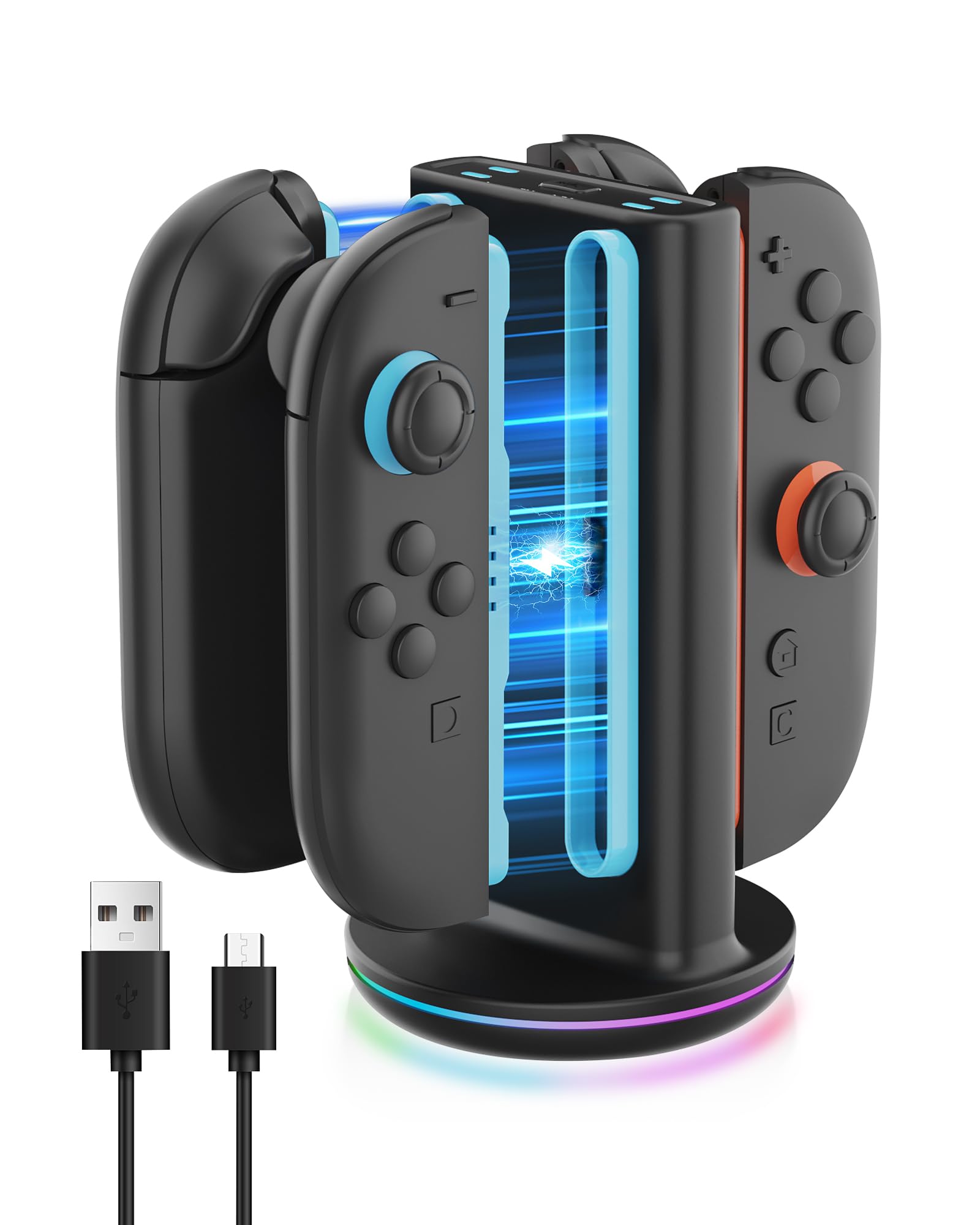 RunSnail Charging Dock for Nintendo Switch 2 JoyCon, Fast Dual-Side Charging, 9 RGB Light Modes, Magnetic Plug-in Joy Con Charger Stand with USB-C Cable, Black