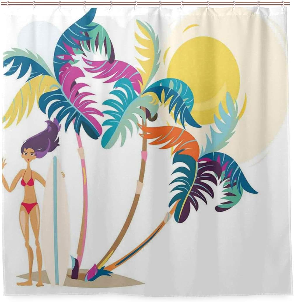 Amazon Nikivivi 防水シャワーカーテン かわいい漫画サーフガールビーチ抽象イラスト夏休みシーサイド 浴室 目隠し 間仕切り取付簡単 カーテンリング付属 おしゃれ バスカーテン 180ｘ180cm シャワーカーテン ホーム キッチン オンライン通販