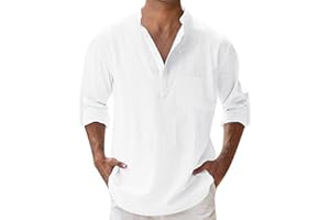 YOUYING Men's Cotton Linen Henley Shirt Long Sleeve Hippie Casual Beach T Shirt Summer Loose Lightweight Band Collar Yoga Top