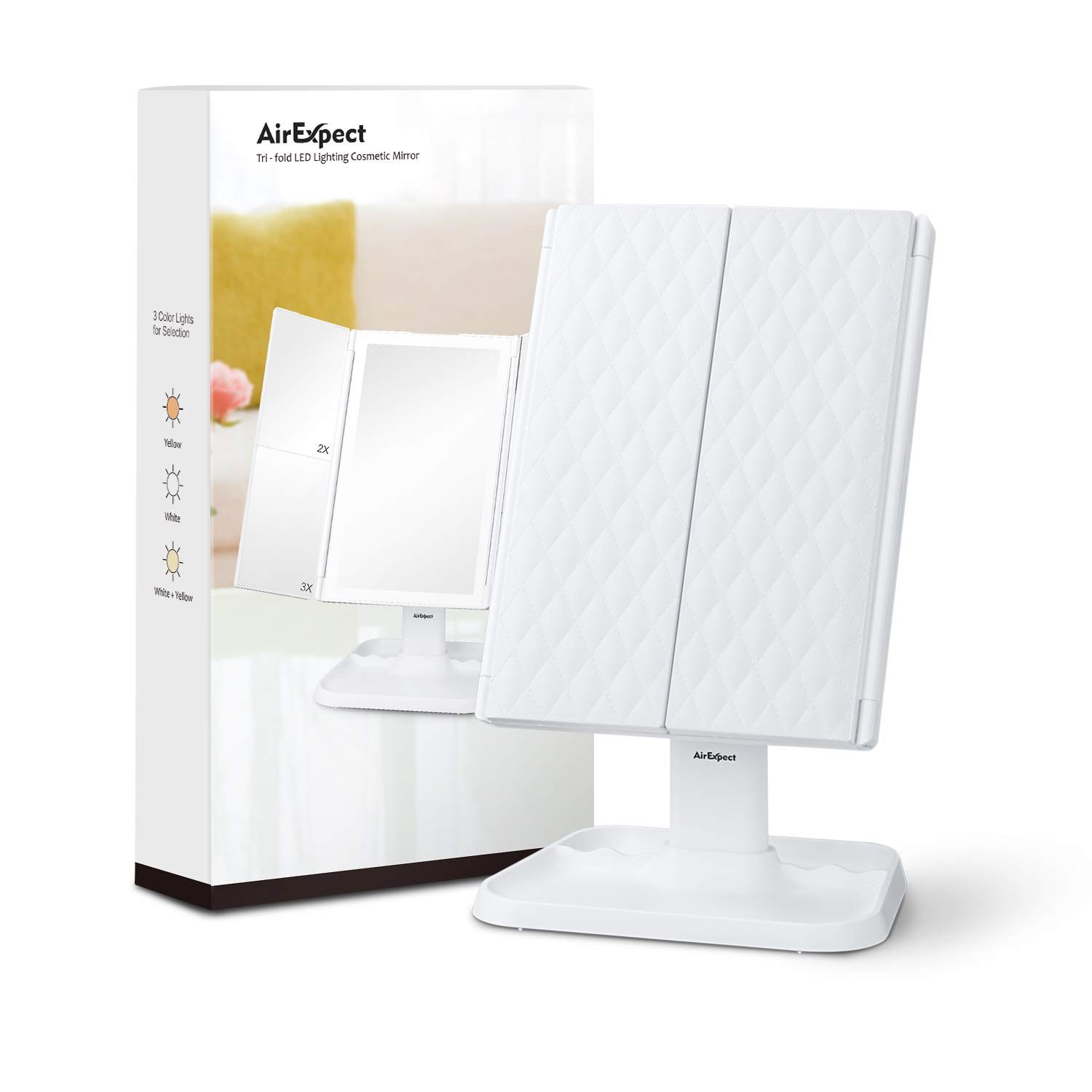 AirExpect Makeup Mirror Vanity Mirror with Lights - 3 Color Lighting Modes 72 LED Trifold Mirror, Touch Control Design, 1x/2x/3x Magnification, Portable High Definition Cosmetic Lighted Up Mirror : Beauty