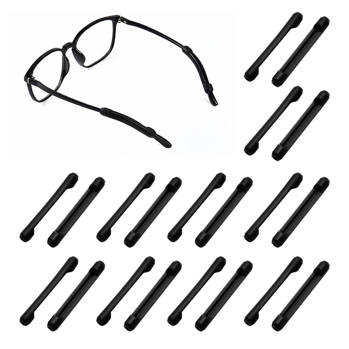 LNQ LUNIQI Silicone Ears Glasses Arm Grips, 20 Pairs Eye Glasses Temple Tips, Replacement Glasses Sleeve Retainer for Various Glasses (Black, 54 x 0.7.2mm)