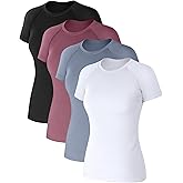 Coume 4 Pack Women's Compression Shirts Short Sleeve Workout Tops Running Athletic Yoga T-Shirt for Gym Sports Gear Quick Dry