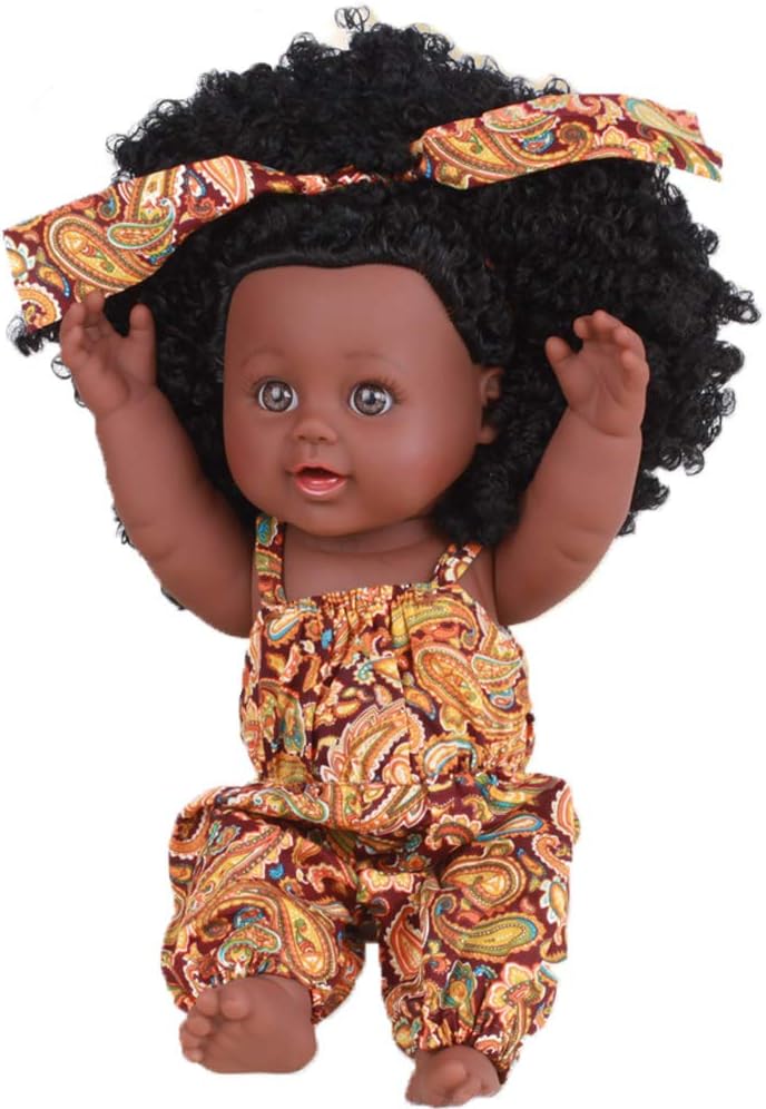 AmaMary African American Baby Doll, Cute Lifelike 12 Inch Afro Hair African Doll (orange)