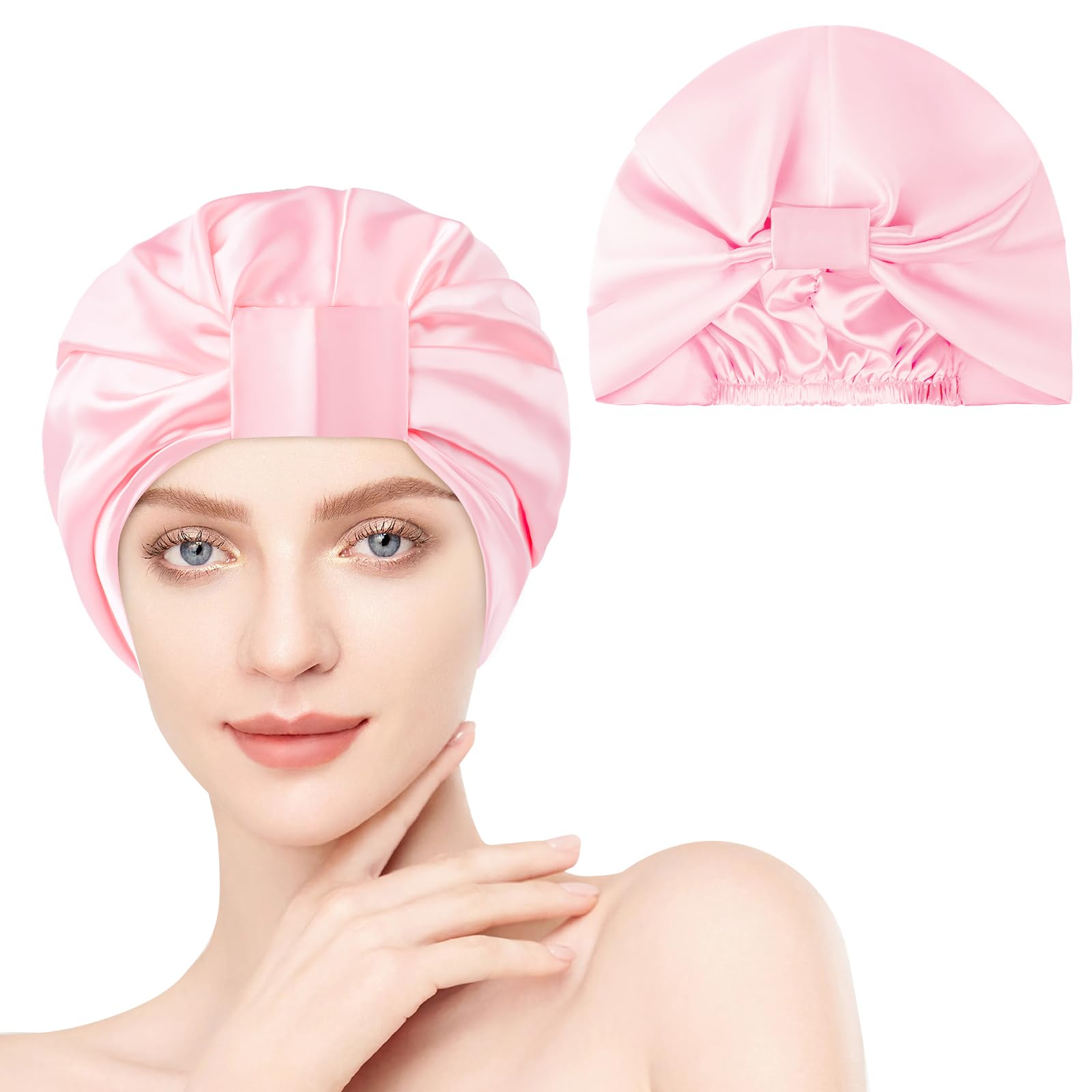 AOGOE Silk Hair Bonnet for Sleeping, Double Layer Sleep Cap, Silk Sleep Cap with Elastic Bow, Night Sleep Cap, Hair Bonnet for Bath, Hair Care Head Cover Hat for Women Girls Straight and Curly Hair
