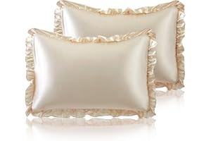 SiinvdaBZX Ruffled King Satin Pillowcase Set of 2, Beige Silky Satin Pillow Cases for Women Ruffle Pillow Shams Covers Princess Room Decoration, with Envelope Closure