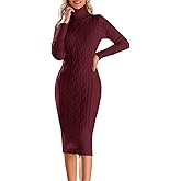 Fangetey Womens Long Sleeve Turtleneck Sweater Dresses Knitted Bodycon Midi Sheath Jumper Dresses