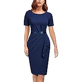 AISIZE Women's Retro Crew Neck Ruffle Ruched Flattering Business Sheath Dress