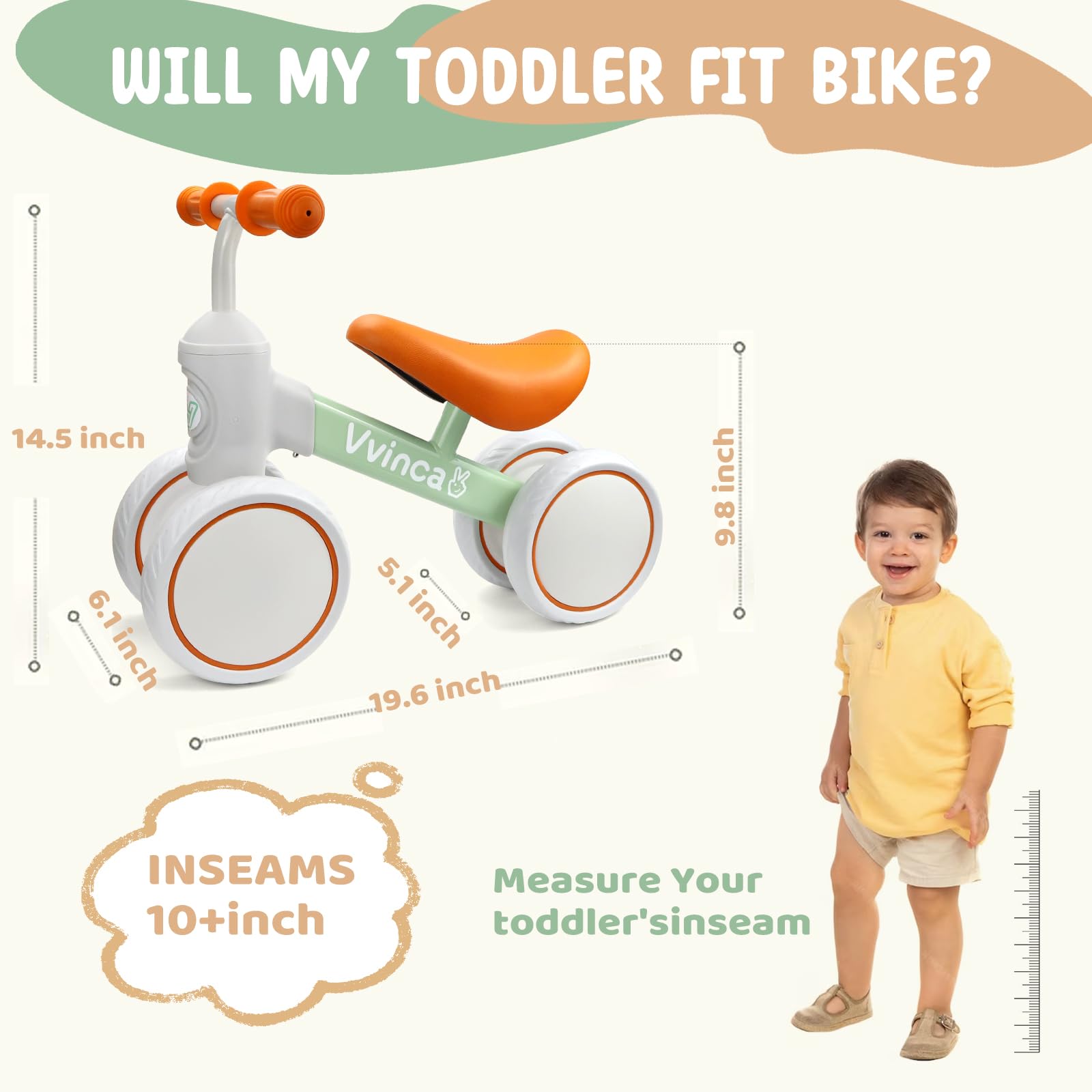 Baby Balance Bike for 1 Year Old Boys Girls, 10-24 Months Toddler Balance Bike with No Pedal 4 Silence Wheels Children First Birthday Toys Gifts Vvinca