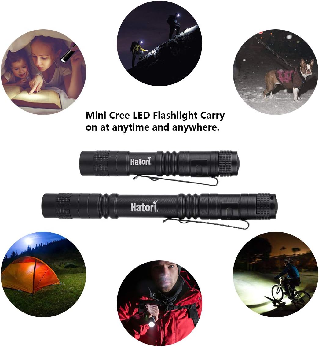 Hatori Super Small Mini LED Flashlight Battery-Powered Handheld Pen Light Tactical Pocket Torch with High Lumens for Camping, Outdoor, Emergency, Everyday Flashlights, 3.55 Inch - - 