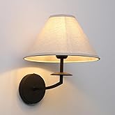Pathson Hardwired Fabric Wall Sconce Linen Big Cone Lampshade, Vintage Wall Vanity Light Fixture Curved Arm Upwards Install, 