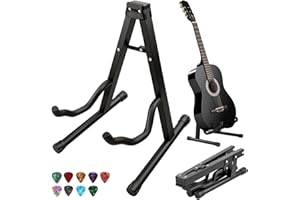 HONGHCL - Soporte para Guitarra Plegable - Universal Base para Guitarra Plegable con Brazos Acolchados y Pies de Goma - Soporte Guitarra Electrica Portátil Forma de A（Gratis 9 púas de guitarra)