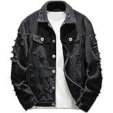 Rexcyril Men's Distressed Denim Jacket Casual Ripped Holes Button Down Trucker Jacket Jean Coat