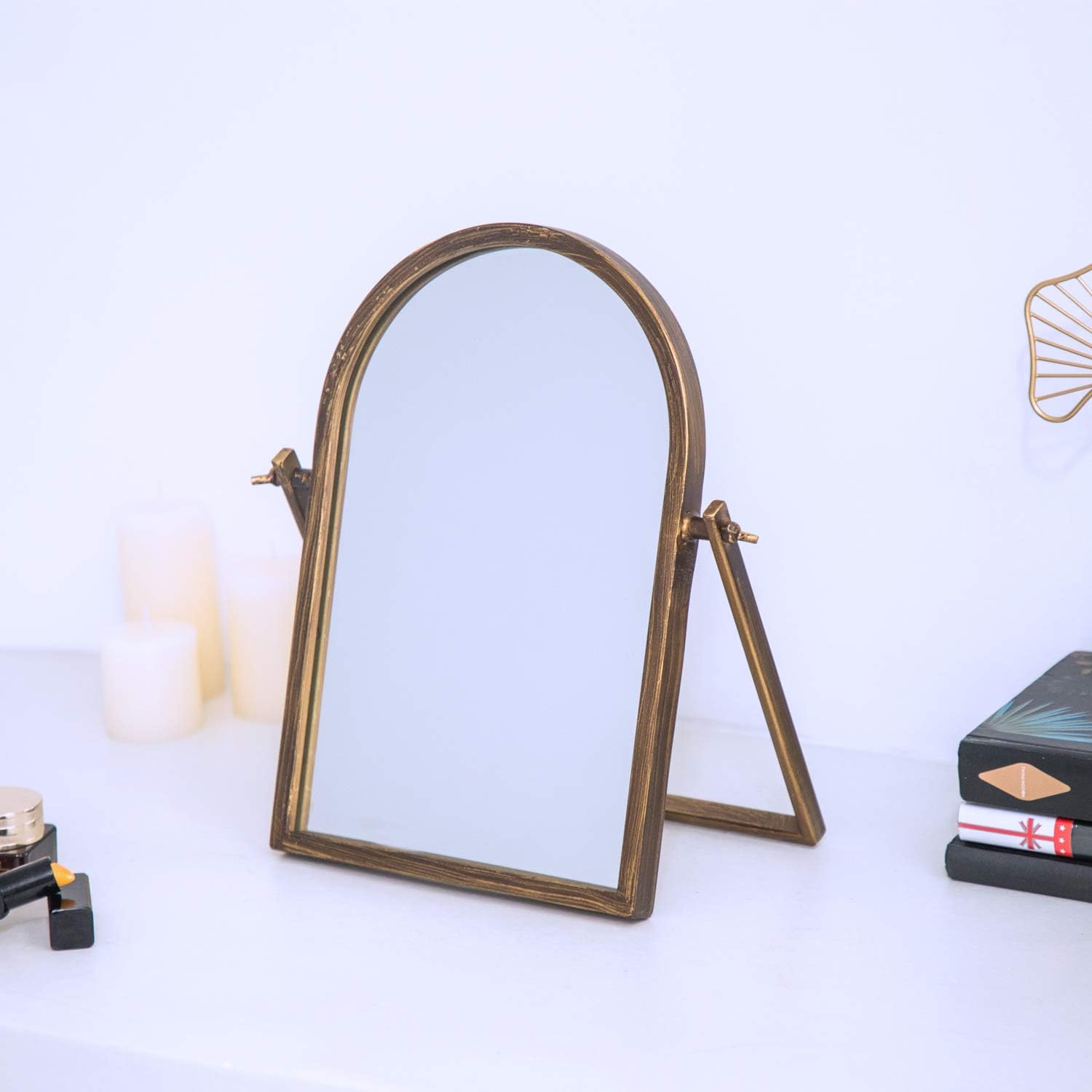 Geloo Vintage Vanity Mirrors Decor - Desk Makeup Antique Mirrors 360 Adjustable Rotation,Golden Metal Framed 10" Small Standing Mirror, for Tabletop Decor, Office, Bedroom, Bathroom, Living Room: Furniture & Decor