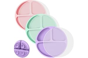 Vicloon Toddler Plates, 3 Pcs Silicone Baby Plates, BPA Free Suction Plates with Lids for Babies and Toddlers, Suction Plate Feature, Divided Plate Design,Toddler Plate Microwave&Dishwasher Safe