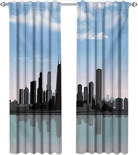 Amazon Shenglv シカゴスカイライン 遮光カーテン デイタイム イリノイミシシッピ川 雲 沿岸 街 アーバンデザイン スライドガラス ドア用カーテン 幅96x長さ96インチ オニキスブルーグレー ラグ カーテン ファブリック オンライン通販