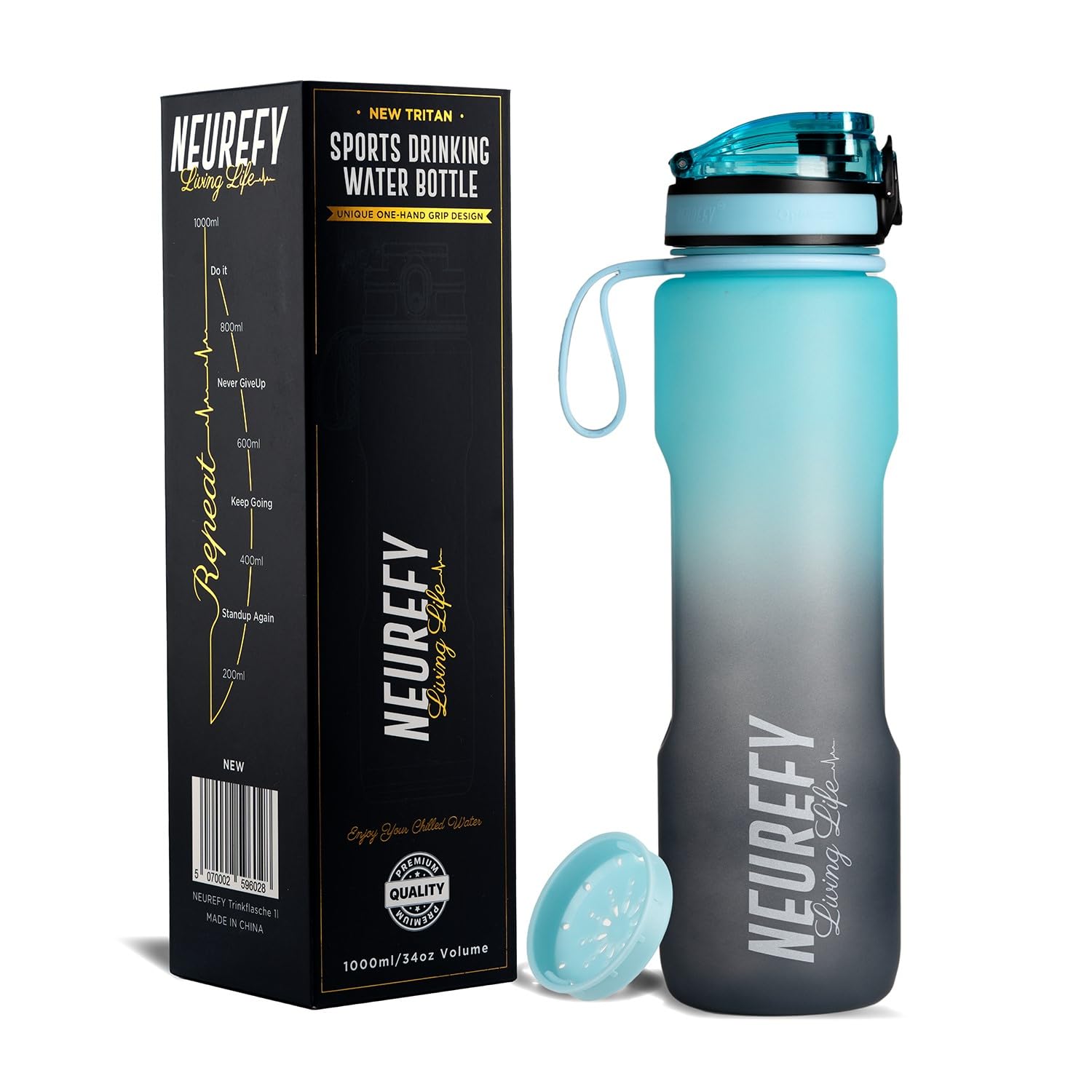 NEUREFY Sports Water Bottle 1L Sky Blue Tritan - Leak-Proof & Easy-Grip Design, BPA-Free - Motivation bottle with Strainer - Backpack-Friendly with a Lid lock, Gym Bottle, Outdoor, Office or School