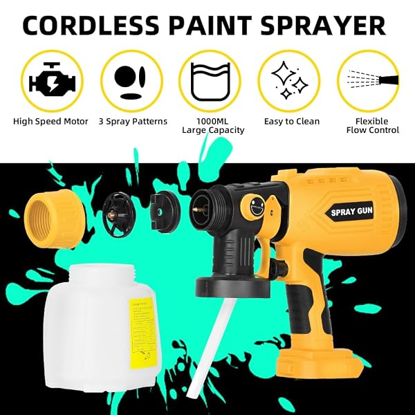 PAINT SPRAYER COMPATIBLE WITH DEWALT 20V BATTERY, 200W HVLP SPRAY PAINT GUN TOOL WITH BRUSHLESS MOTOR AND COPPER NOZZLE, EASY TO CLEAN, FOR FURNITURE, FENCE, WALLS, CEILING, DOOR ETC. (NO BATTERY)