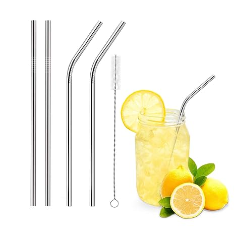 House of Quirk Set of 4 Stainless Steel Straws Ultra Long 8.5 Inch Reusable Drinking Metal Straws for Tumblers Rumblers Cold Beverage (2 Straight|2 Bent|1 Brushes)