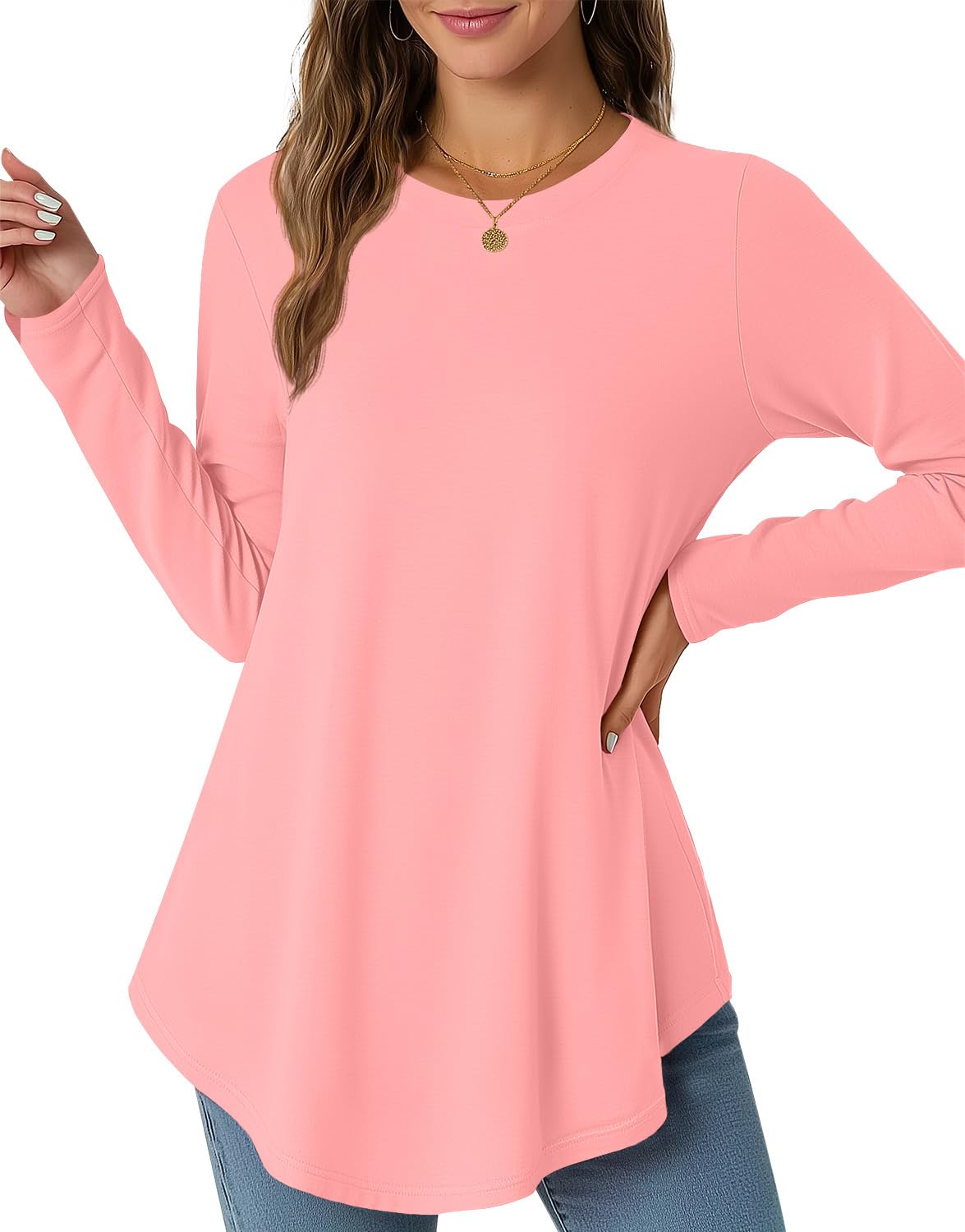 Tops For Women Trendy Fall Long Sleeve Shirts Basic Tee Fall Trendy Cute Top Casual 2025 Fashion Crew Neck Tunic Tops (Pink, X-Large)