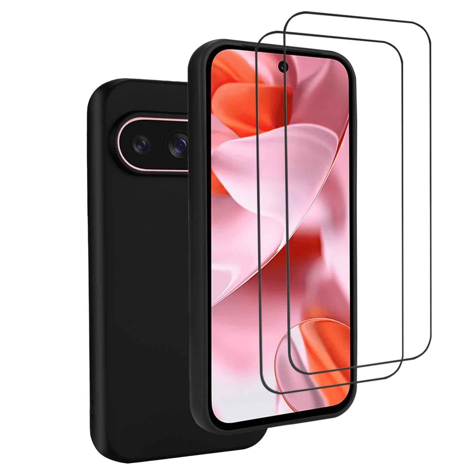 32nd Silicone Case Cover for Google Pixel 9 / Pixel 9 Pro With 2 X Screen Protectors, Slim and Durable Protective Case - Black