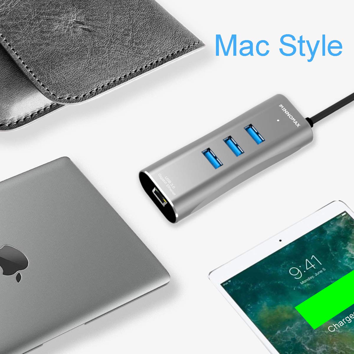 INNOMAX 3-Port USB 3.0 USB-C Hub for MacBook Pro 2018/2017/2016, USB-C to Ethernet Adapter, Thunderbolt 3 to RJ45 Gigabit Ethernet LAN Network Adapter for MacBook 12, Dell XPS,Surface,Pixelbook- Gray