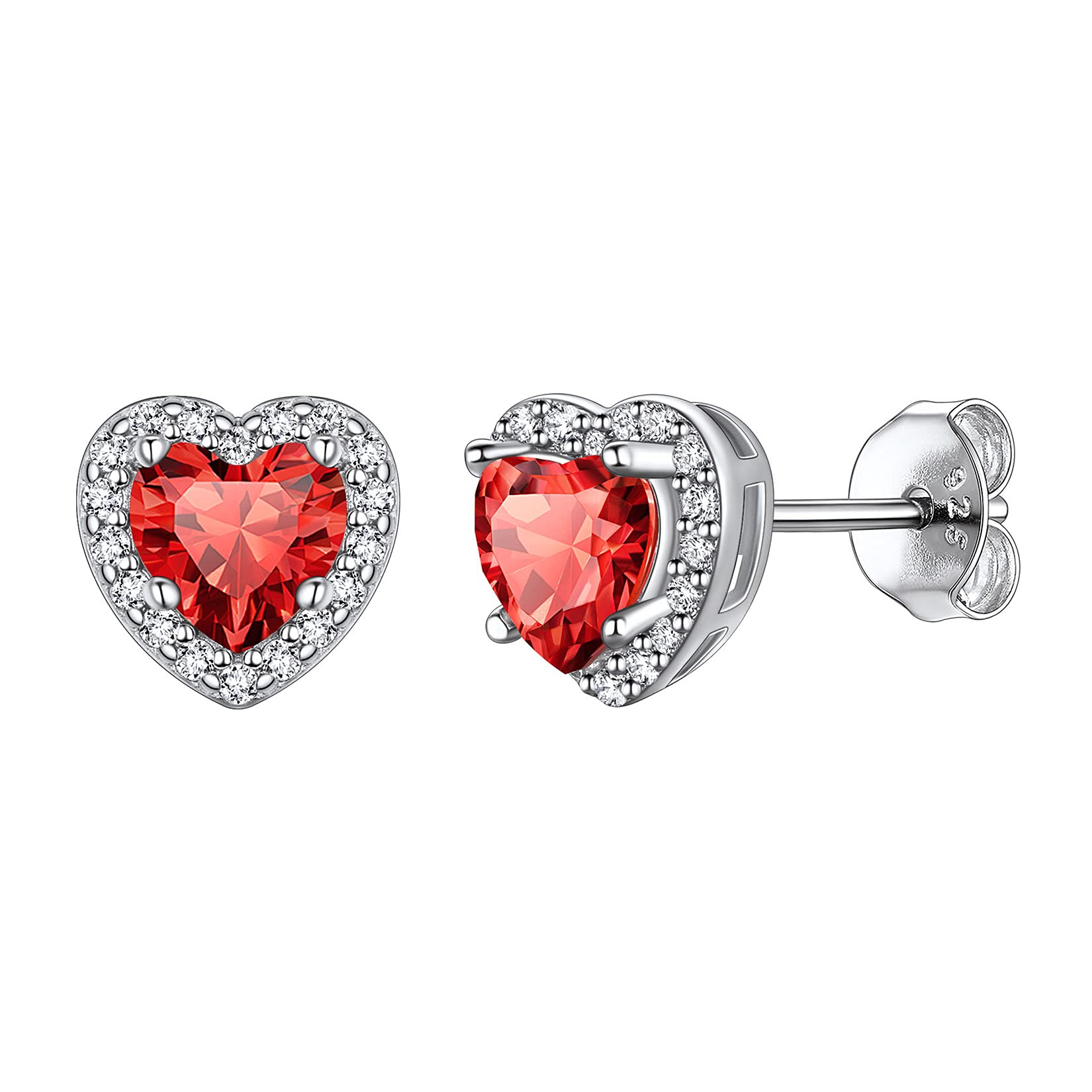 925 Sterling Silver Heart Brilliant Cut Cubic Zirconia CZ Halo Stud Earrings for Women Girls Tiny Cute Comfy Created Red Ruby July Birthstone Hypoallergenic Wedding Bridesmaid Earrings