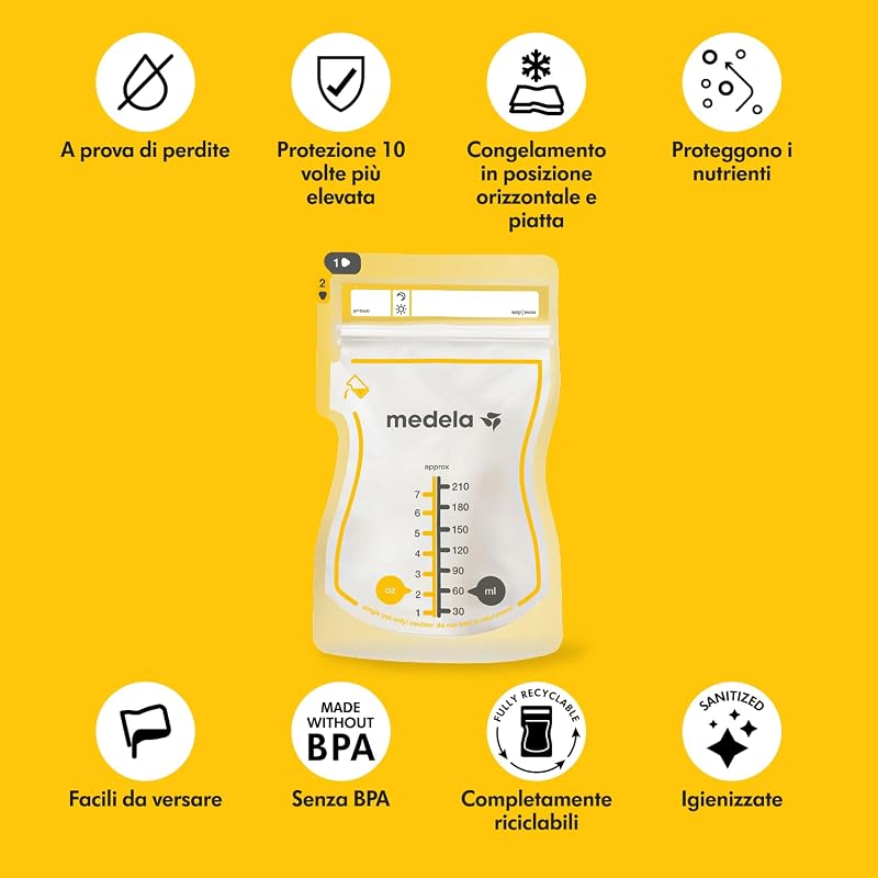 Sacche Monouso Easy Pour per la Conservazione del Latte Materno, Capacità 210 ml, Design a Prova di Perdite con Protezione del Latte, Senza BPA, Confezione da 100 Pezzi