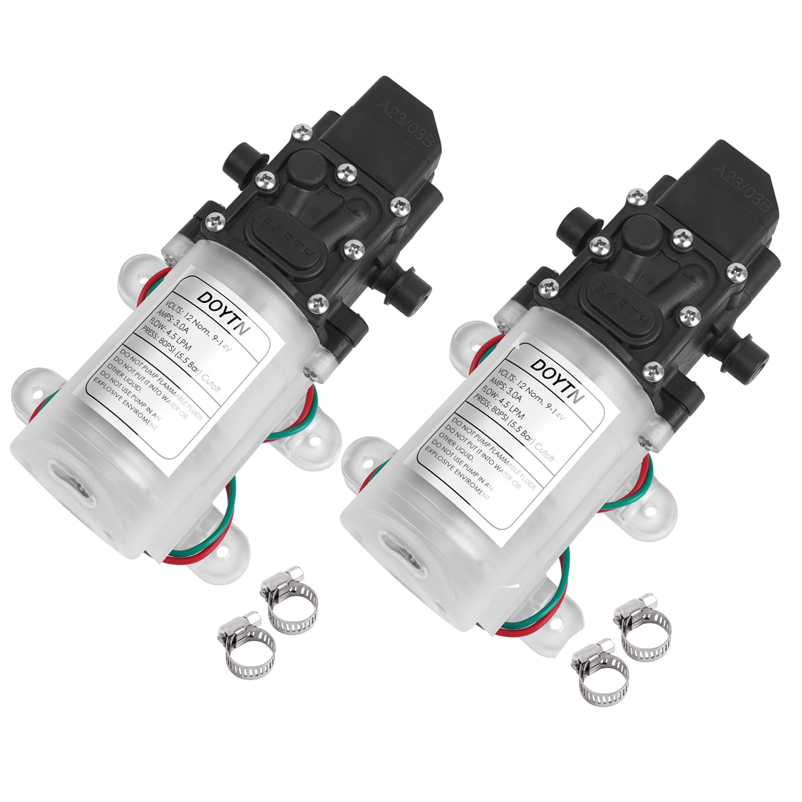 Photo 1 of 12V DC Fresh Water Pump with 2 Hose Clamp 12 Volt Diaphragm Pump Self Priming Sprayer Pump with Pressure Switch 4.5 L/Min 1.2 GPM 80 PSI Adjustable for RV Camper Marine Boat La Transparent color (2)