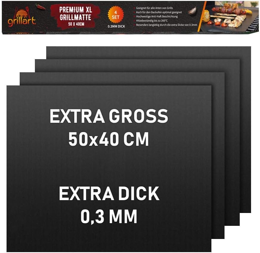 grillart® Set of 4 Premium BBQ Grill Mats - High Quality Grill Mats for Gas Grill with Non-Stick Coating - Also Suitable as Baking Mat