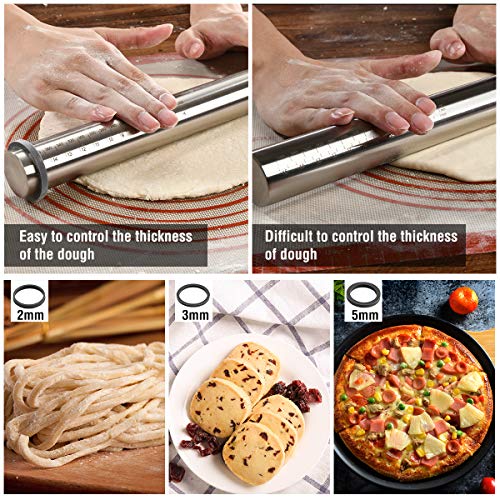 Adjustable Rolling Pin Stainless Steel with Silicone Guide Rings- Non-Stick Dough Roller for Baking, Pizza, Pasta, Pie Crust, Cookie, Pastry, Fondant Icing - 15.8 Inch - Thumbnail 4