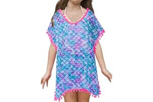 Funnycokid Girls Swimsuit Cover Ups Kids Beach Bathing Suit Coverup Swim Cover Wraps with Pom Pom Trim 3-12 Years