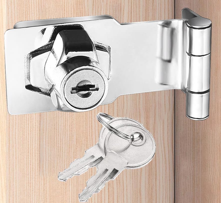 ZiYuya Keyed Hasp Lock and Staple with Padlock, Twist Knob Keyed Locking Hasp Right Angle 90 Degree Door Latch Bolt Lock Hasps for Shep Cabinets Cupboard Drawer Gate 4 Inch