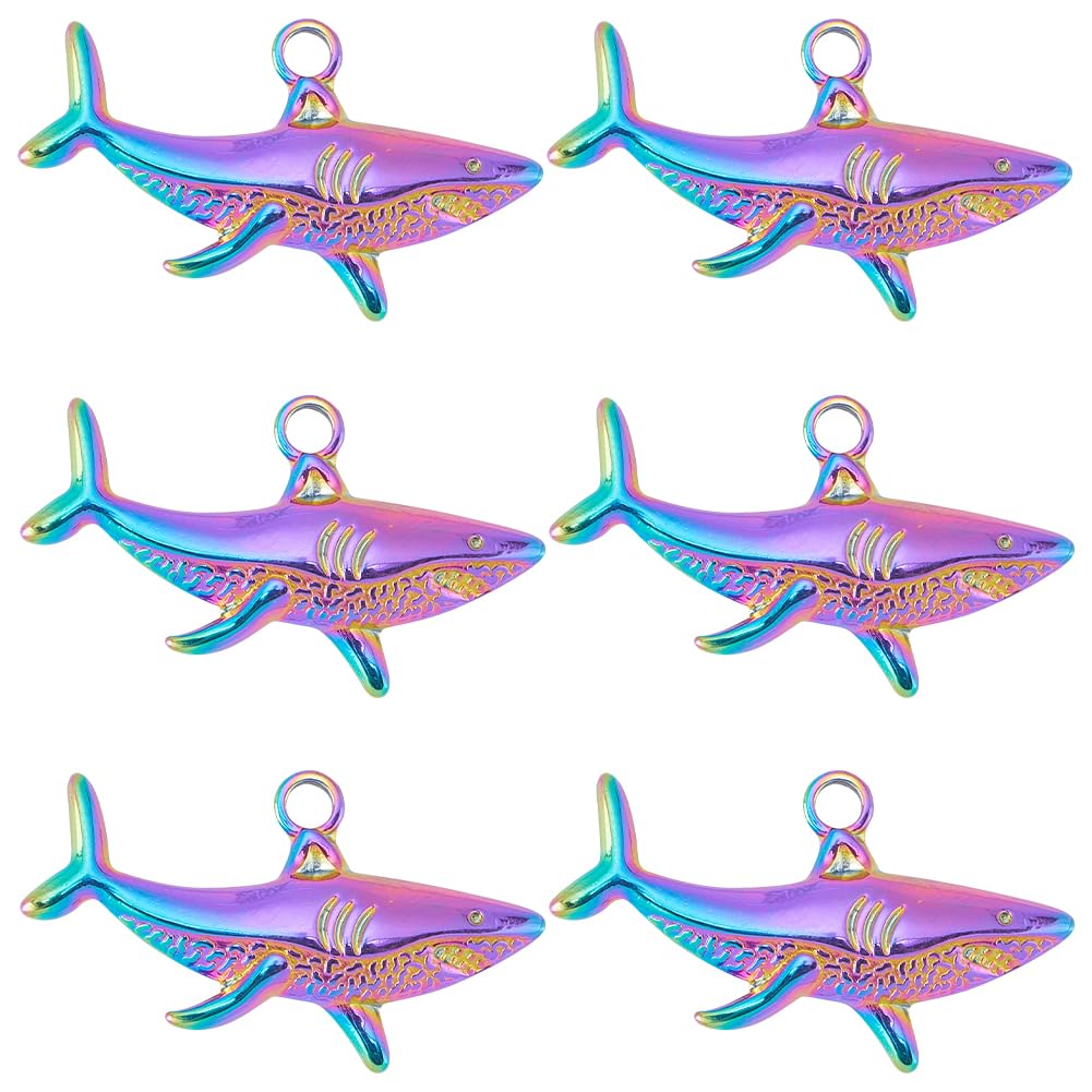 SUNNYCLUE 1 Box 10Pcs Shark Charms Sea Animal Charms Bulk Mini Cute Rack Plating Rainbow Sharks Ocean Animals Stainless Steel Summer Charm for jewellery Making Charms Women DIY Necklaces Earrings
