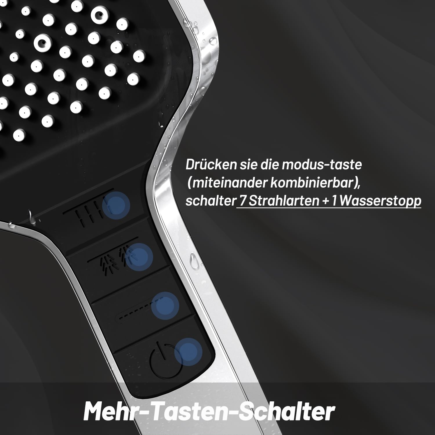 VEHHE Duschkopf Wassersparend, 7 Strahlarten Duschkopf Regendusche mit Stopptaste, Einhand-Einstellung und Anti-Stau-Silikondüse, Gross Duschbrause Druckerhöhend（Silber） 3