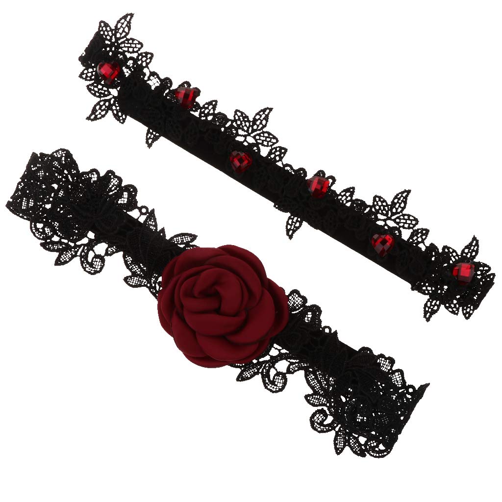 PETSOLA 2 St/&uuml; Lace Strumpfb/&auml;nder Mit Roter Rose Hochzeit Braut Kost/&uuml;m Zubeh/&ouml;r Schwarz