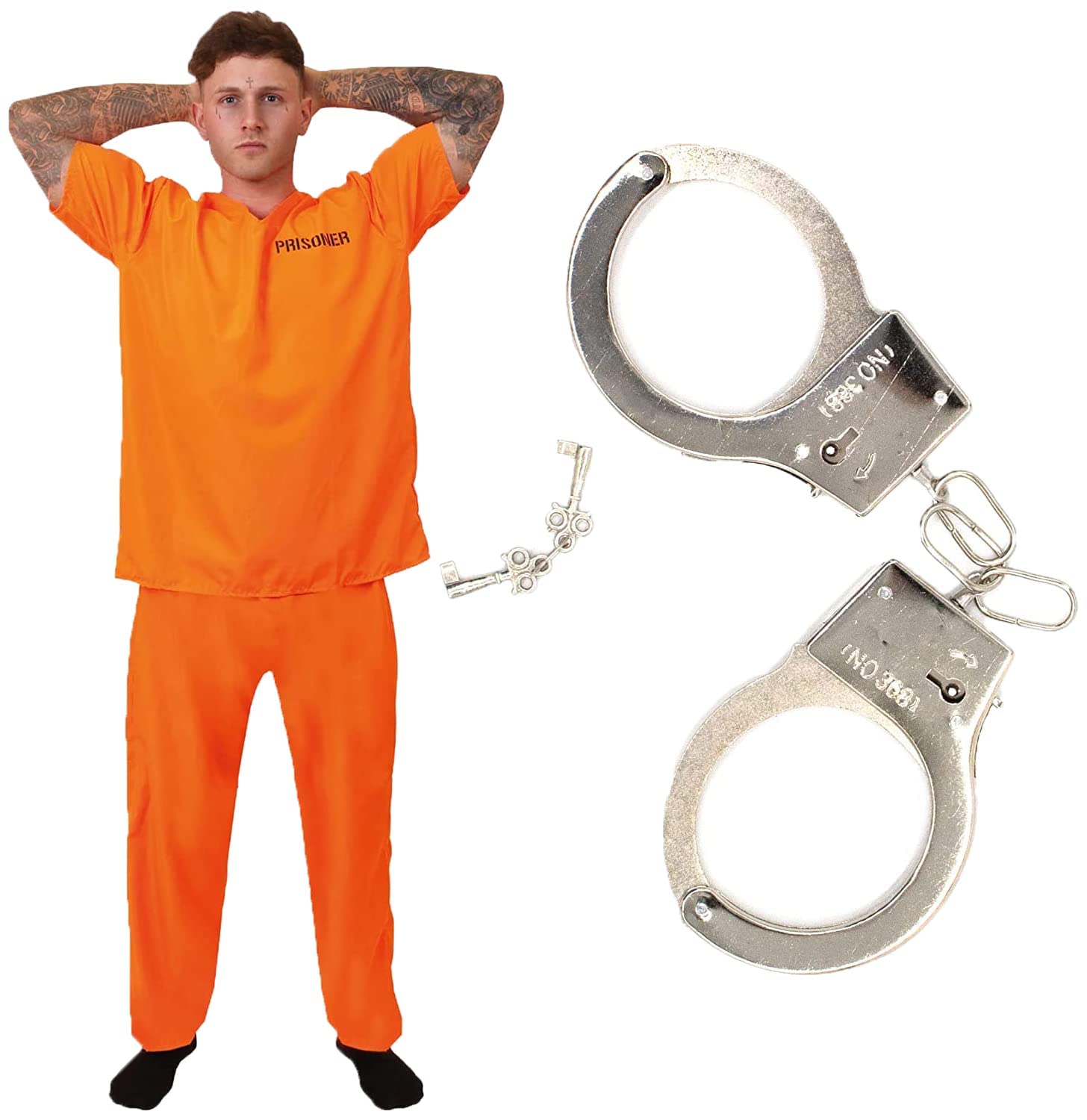 Adults Unisex Prisoners Costume with Cuffs – X-Large - Orange Prisoner Top, Matching Orange Trousers, Prop Handcuffs – Cops & Robbers, Halloween Fancy Dress