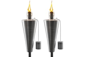 Matney Stainless Steel Outdoor Torches - Decorative Garden & Yard Lights - 5 ft Oil Lamp for Citronella - Fiberglass Wick & Snuffer Cap - Set of 2 (Cone)