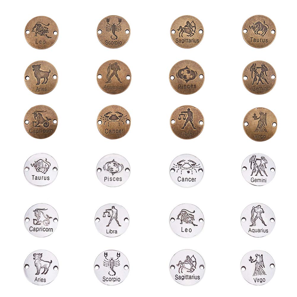 PH PandaHall 48pcs 23mm 2 Colors Tibetan Style Flat Round Alloy Zodiac Horoscope Link Bracelet Connectors for DIY Jewelry Making Antique Bronze Antique Silver