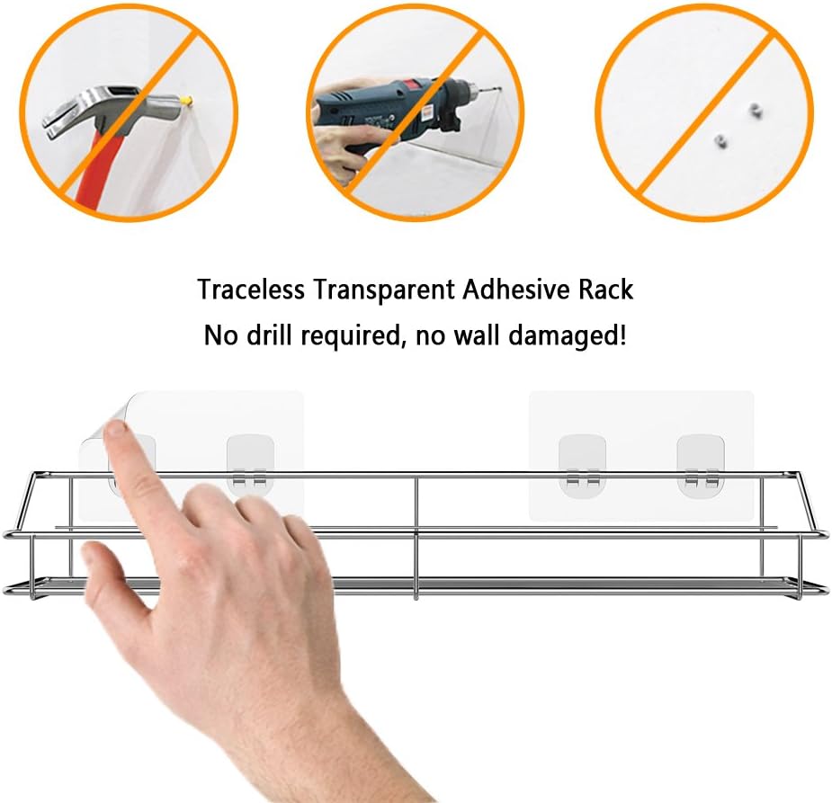 Orimade Bathroom Shelf Organizer Storage Kitchen Rack with Traceless Transparent Adhesive No Drilling SUS304 Stainless Steel - - 
