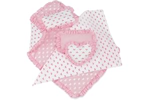 Emily Rose 18 Inch Doll Bedding Set 5PC Reversible Pink and White Heart Design – Includes Comforter Sheet Pillow + Ruffled Accent Pillows – Fits Doll Beds Bunks Cribs & Cradles -USA Brand – Ages 5+