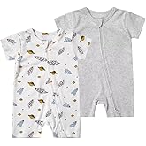 Teach Leanbh Unisex Baby 2 Pack Pajamas Cotton Short Sleeve 2 Way Zipper Printing Soild Romper Jumpsuit Sleep and Play