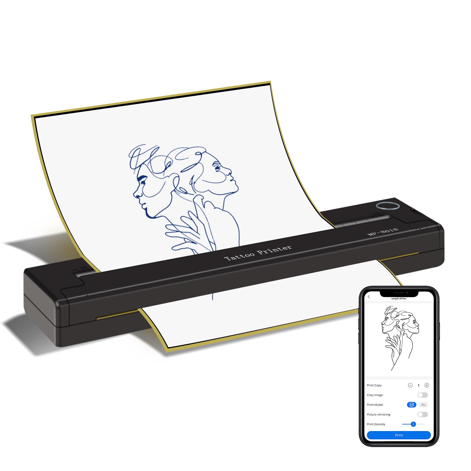 ATOMUS Black Transfer Machine Tattoo Portable Thermal Printer 2000mAh for Thermal paper and Tattoo Transfer Paper 0.48kg MP-P8018 for Office