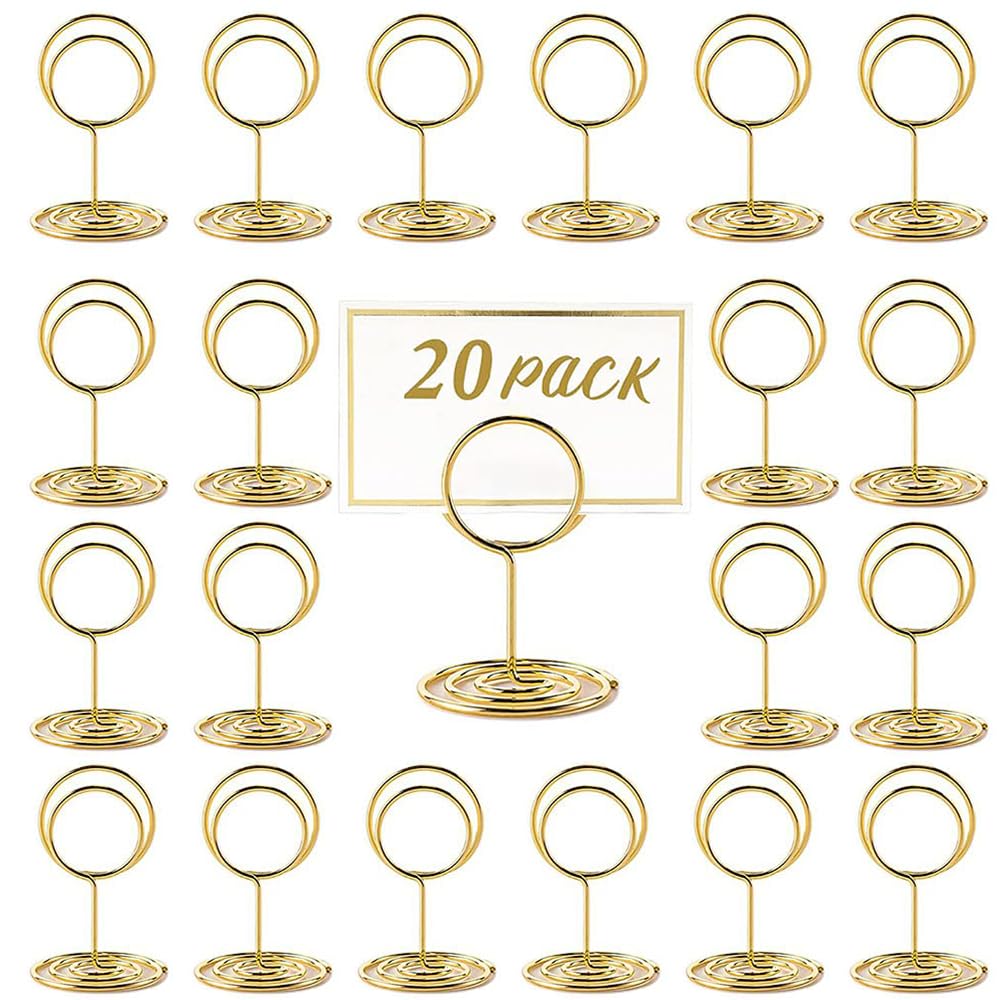 RHQFDM 20 Piece Round Gold Name Cards Holder,Place Card Holder,Wedding Gold Card Holder,Mini MetalTable Number Holder,Table Number Holders for Restaurants,Weddings and Parties