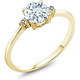 Gem Stone King 10K Yellow Gold Sky Blue Aquamarine and White Diamond Solitaire Engagement Ring For Women (0.78 Cttw, Round 6MM, Gemstone March Birthstone)