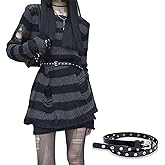 Goth Y2K Striped Sweater with Belt Ripped Punk Gothic Long Sweaters Grunge Distressed Halloween Pullover Tops for Women