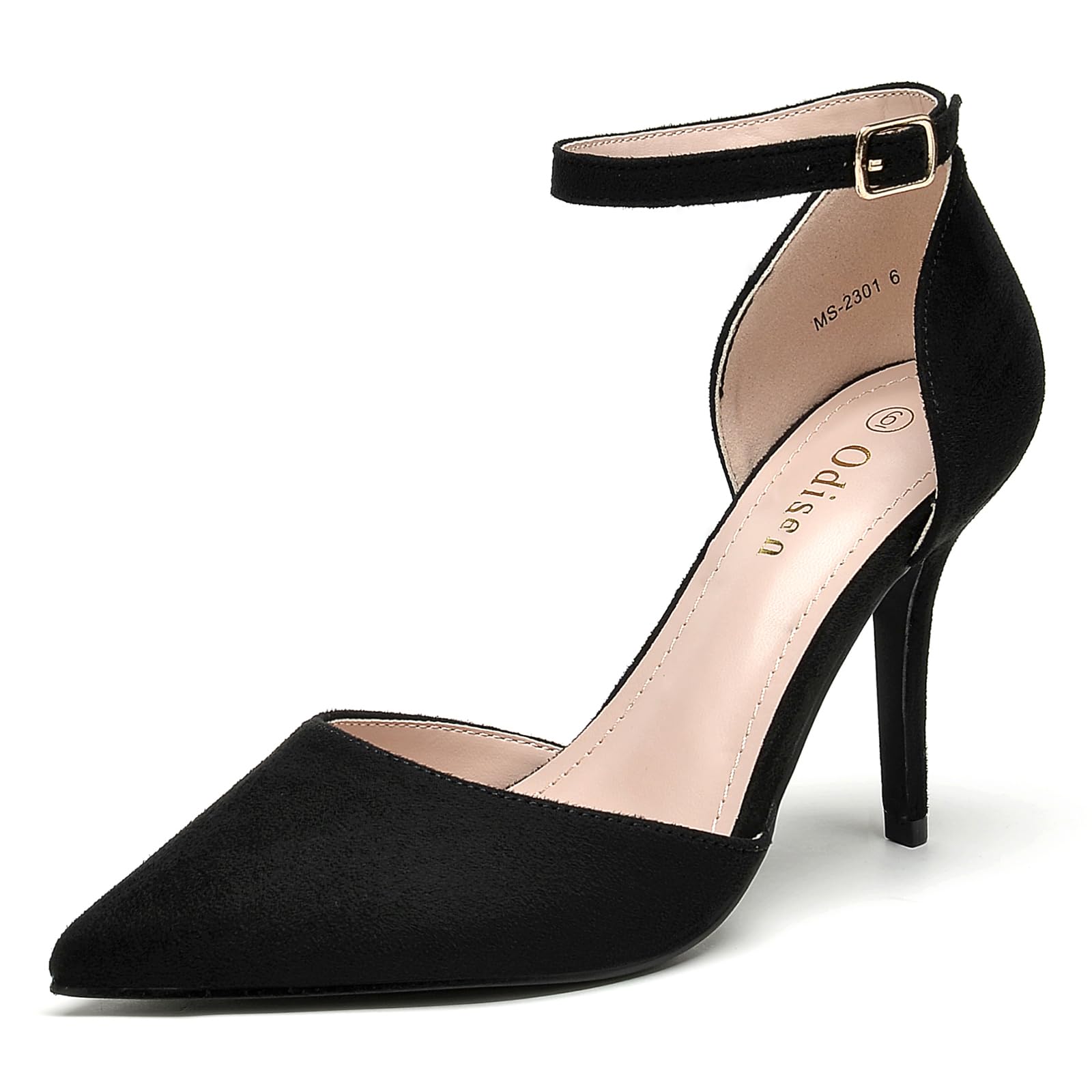 Odisen Women's Black Heels Closed Toe Pointed Toe Ankle Strap Stiletto Pumps Dress Shoes, Black Suede 8.5 Image