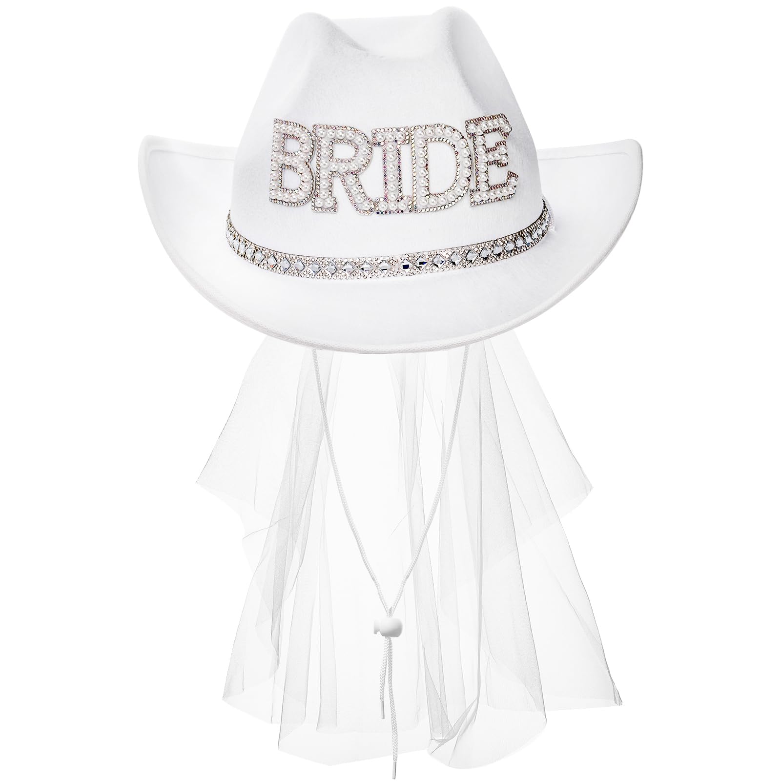 Photo 1 of Frcctre Bride Cowboy Hat with Veil for Bachelorette Party, White Pearl Bride Cowgirl Hat for Wedding Bridal Shower Bachelorette Party Decoration Western Party Dress Up Accessories