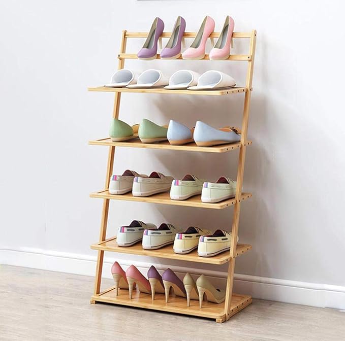 LCRAKON Narrow Shoe Rack, Bamboo Shoe Racks Storage, 5 Tier Shoes Shelf